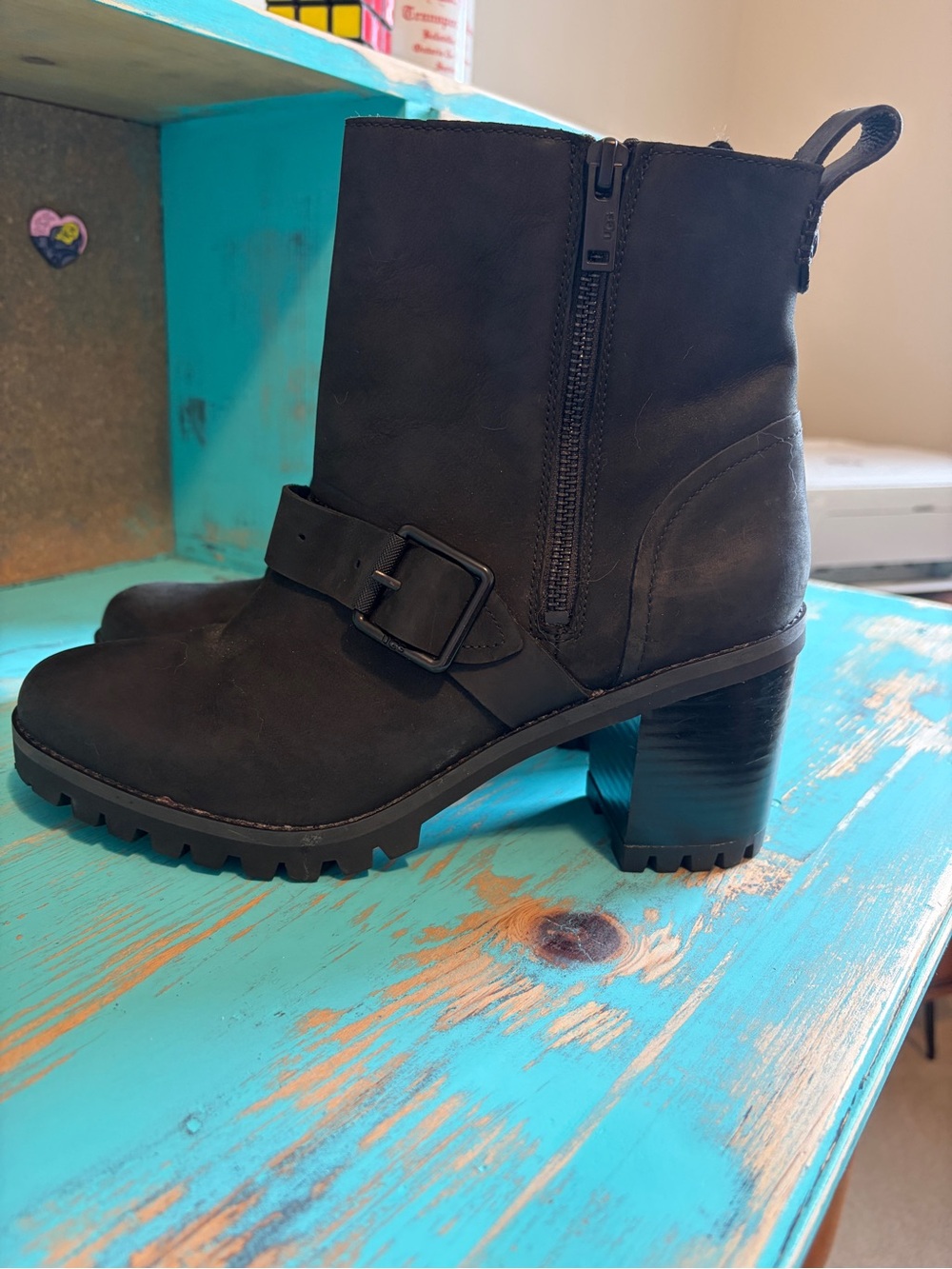 UGG Black Lug Sole Block Heel Ankle Boot with Buckle Detail